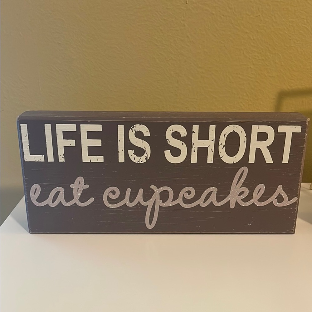 Life Is Short Eat Cupcakes Decorative Wood Sign Brown Pink Glitter Kitchen Decor
